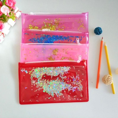 For stationary use, cosmetic bag pvc liquid confetti pencil bag with zipper