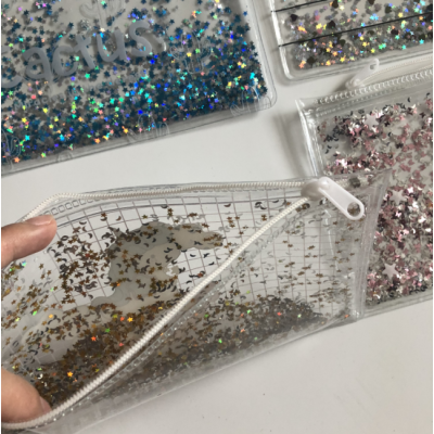 Stationery use, cosmetic bag zipper lock liquid glitter move oil inside pvc bag