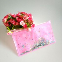 NEW design stationery use, cosmetic bag glitter pvc liquid confetti bag with zipper